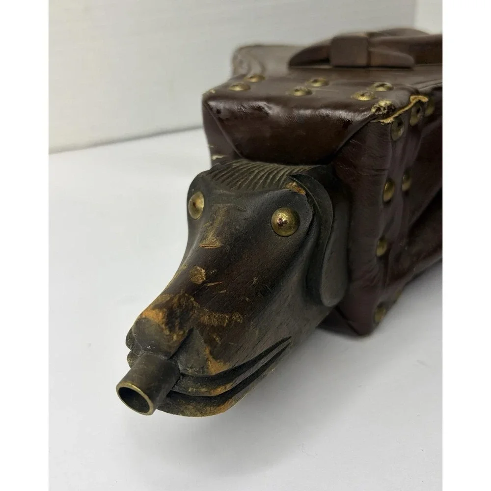Vintage Hand Carved Wood Fireplace Bellows Andean Llama Folk Art Leather Brass